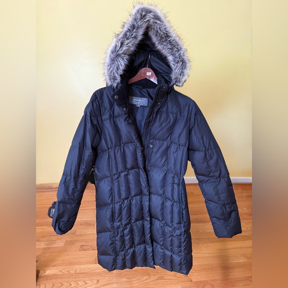 Eddie Bauer Women’s Black Down Duffle Coat with Faux Fur Hood, M